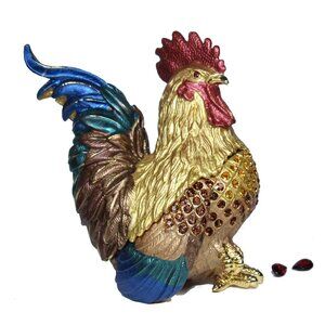 Crystal Encrusted Vintage Rucinni Rooster Trinket Box + Natural Garnet Gemstones
